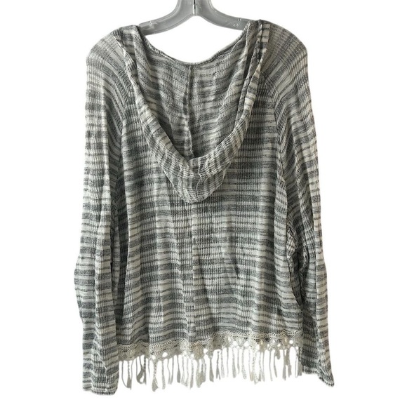Poof Women's M Gray Striped Hooded Sweater with Fringe Trim - Picture 2 of 8